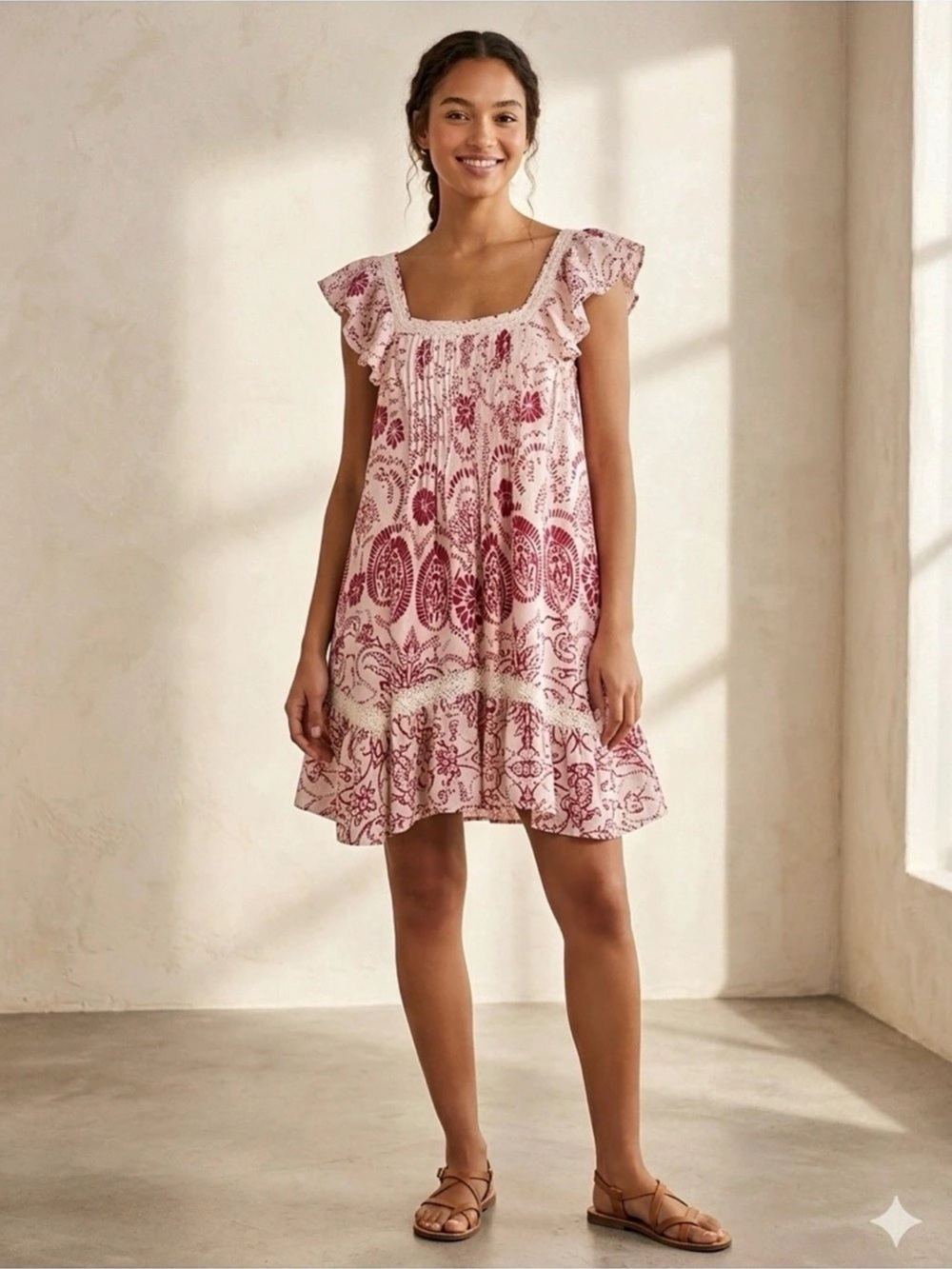 Maeve by Anthropologie Maeve Red White Block Print Lace Trim Mini Dress Red